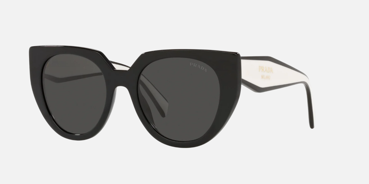 Prada PR 14WS 09Q5S0 cat eye sunglasses for women in full rim acetate, with black talc frame, and dark grey lenses. 52mm in lens size, 20mm in bridge size, and 140mm in temple length.