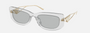 Prada PR 14YS 12R50K rectangular sunglasses for women in full rim acetate, with transparent grey frame, and light grey lenses. 53mm in lens size, 19mm in bridge size, and 140mm in temple length.
