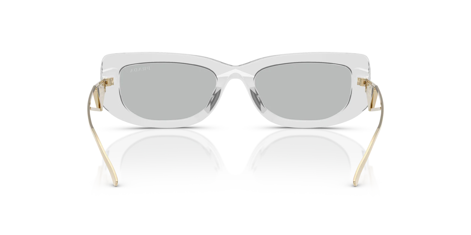 Prada PR 14YS 12R50K rectangular sunglasses for women in full rim acetate, with transparent grey frame, and light grey lenses. 53mm in lens size, 19mm in bridge size, and 140mm in temple length.