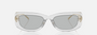 Prada PR 14YS 12R50K rectangular sunglasses for women in full rim acetate, with transparent grey frame, and light grey lenses. 53mm in lens size, 19mm in bridge size, and 140mm in temple length.