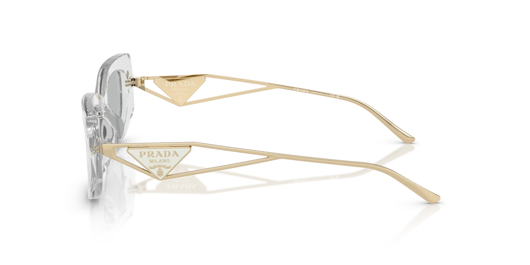 Prada PR 14YS 12R50K rectangular sunglasses for women in full rim acetate, with transparent grey frame, and light grey lenses. 53mm in lens size, 19mm in bridge size, and 140mm in temple length.