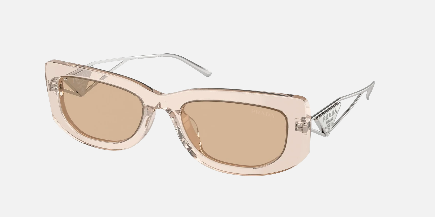 Prada PR 14YS 19M4I2 rectangular sunglasses for women in full rim acetate, with crystal beige frame, and light brown lenses. 53mm in lens size, 19mm in bridge size, and 140mm in temple length.
