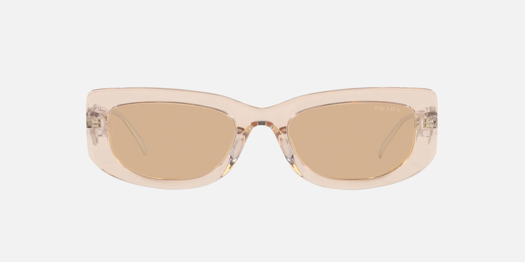 Prada PR 14YS 19M4I2 rectangular sunglasses for women in full rim acetate, with crystal beige frame, and light brown lenses. 53mm in lens size, 19mm in bridge size, and 140mm in temple length.