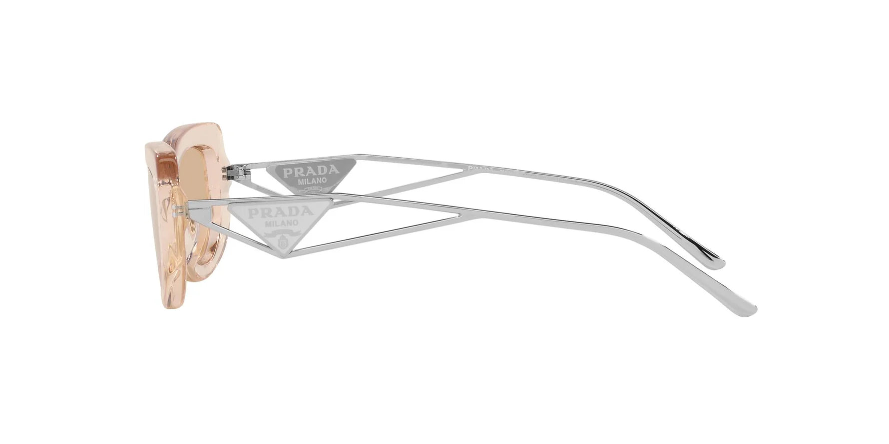 Prada PR 14YS 19M4I2 rectangular sunglasses for women in full rim acetate, with crystal beige frame, and light brown lenses. 53mm in lens size, 19mm in bridge size, and 140mm in temple length.