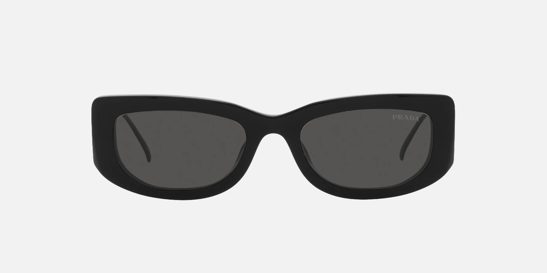 Prada PR 14YS 1AB5S0 rectangular sunglasses for women in full rim acetate, with black frame, and dark grey lenses. 53mm in lens size, 19mm in bridge size, and 140mm in temple length.