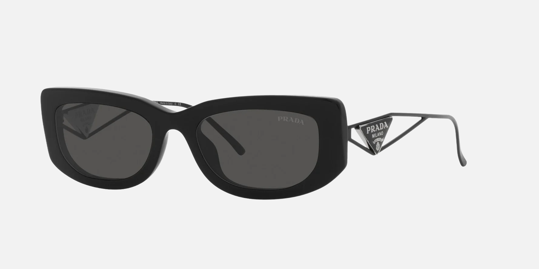 Prada PR 14YS 1AB5S0 rectangular sunglasses for women in full rim acetate, with black frame, and dark grey lenses. 53mm in lens size, 19mm in bridge size, and 140mm in temple length.