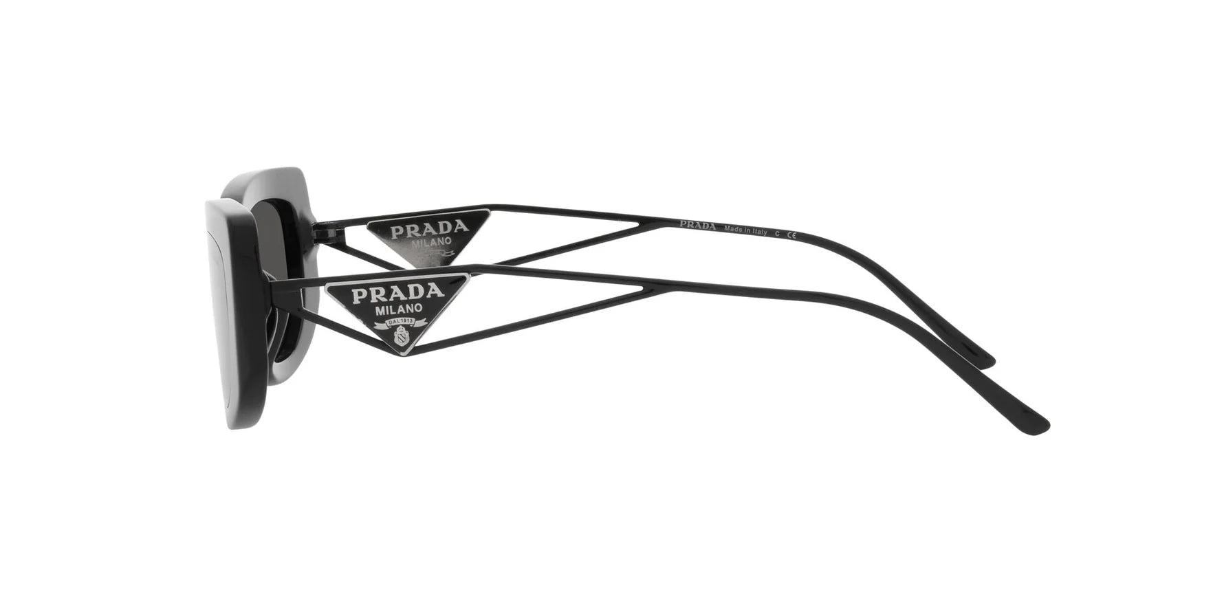 Prada PR 14YS 1AB5S0 rectangular sunglasses for women in full rim acetate, with black frame, and dark grey lenses. 53mm in lens size, 19mm in bridge size, and 140mm in temple length.