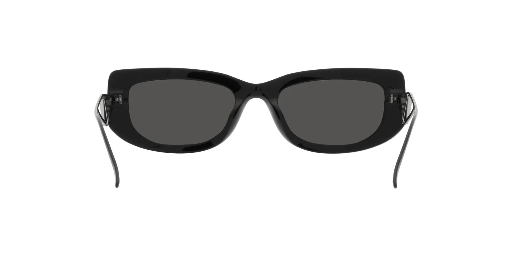 Prada PR 14YS 1AB5S0 rectangular sunglasses for women in full rim acetate, with black frame, and dark grey lenses. 53mm in lens size, 19mm in bridge size, and 140mm in temple length.