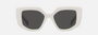 Prada PR 14ZS 1425S0 irregular sunglasses for women in full rim acetate, with talcum white frame, and dark grey lenses. 50mm in lens size, 18mm in bridge size, and 140mm in temple length.