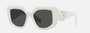 Prada PR 14ZS 1425S0 irregular sunglasses for women in full rim acetate, with talcum white frame, and dark grey lenses. 50mm in lens size, 18mm in bridge size, and 140mm in temple length.