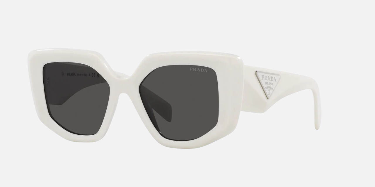 Prada PR 14ZS 1425S0 irregular sunglasses for women in full rim acetate, with talcum white frame, and dark grey lenses. 50mm in lens size, 18mm in bridge size, and 140mm in temple length.