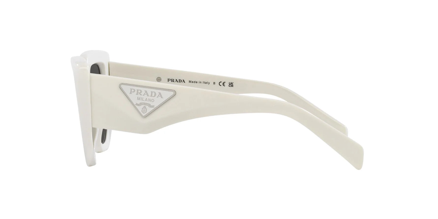 Prada PR 14ZS 1425S0 irregular sunglasses for women in full rim acetate, with talcum white frame, and dark grey lenses. 50mm in lens size, 18mm in bridge size, and 140mm in temple length.