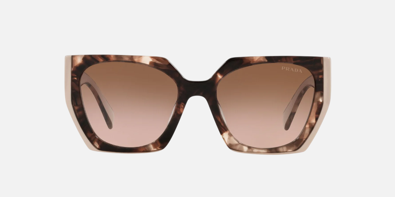 Prada PR 15WS 01R0A6 irregular sunglasses for women in full rim acetate, with havana frame, and brown gradient lenses. 54mm in lens size, 19mm in bridge size, and 140mm in temple length.