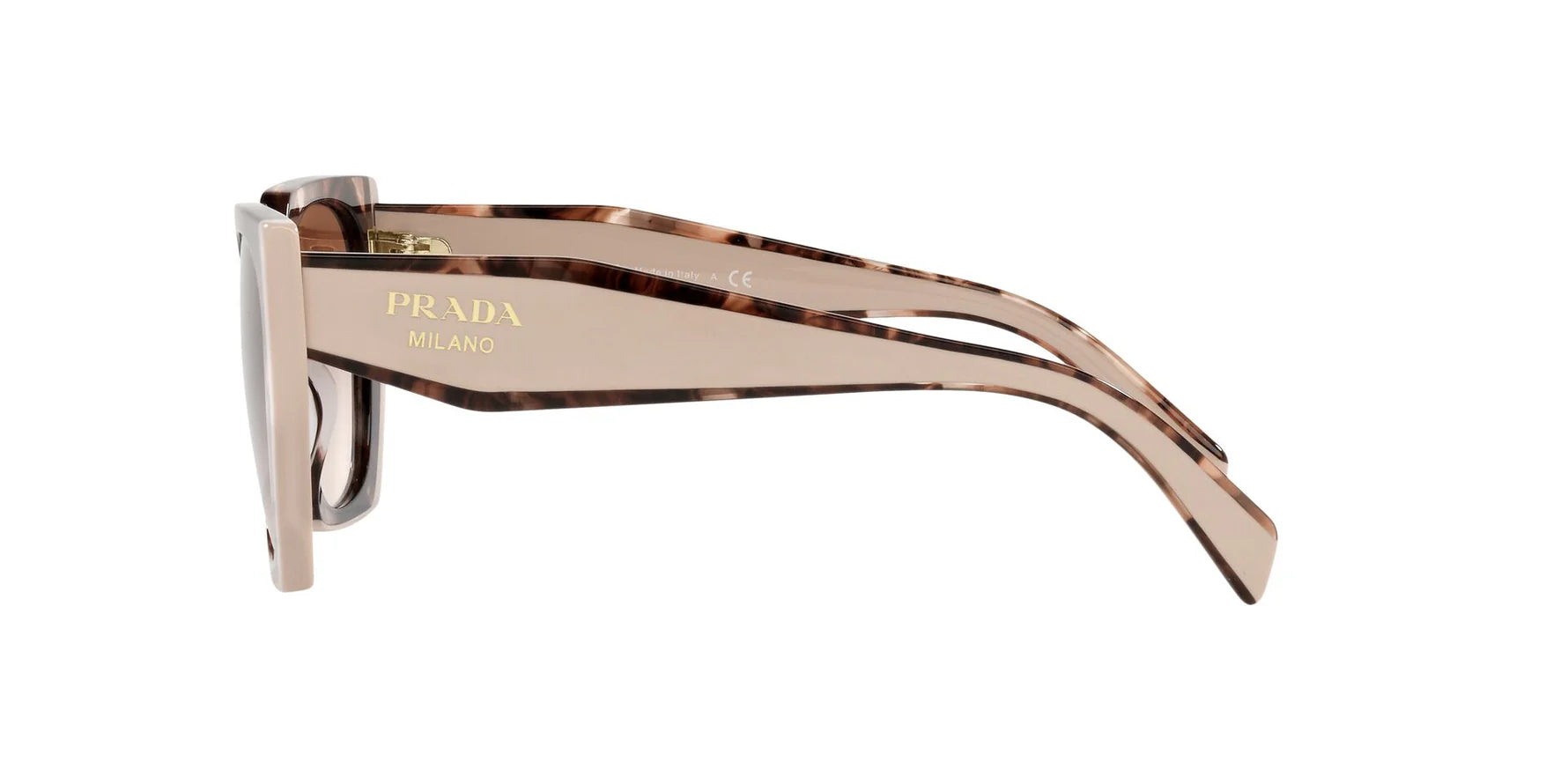 Prada PR 15WS 01R0A6 irregular sunglasses for women in full rim acetate, with havana frame, and brown gradient lenses. 54mm in lens size, 19mm in bridge size, and 140mm in temple length.