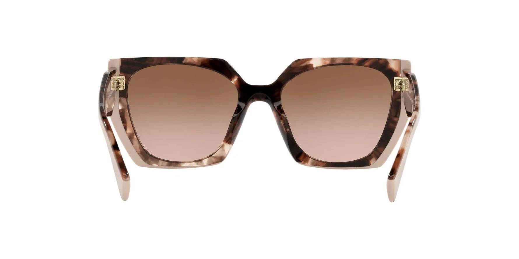 Prada PR 15WS 01R0A6 irregular sunglasses for women in full rim acetate, with havana frame, and brown gradient lenses. 54mm in lens size, 19mm in bridge size, and 140mm in temple length.
