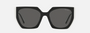 Prada PR 15WS 09Q5S0 irregular sunglasses for women in full rim acetate, with black talc frame, and dark grey lenses. 54mm in lens size, 19mm in bridge size, and 140mm in temple length.