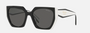 Prada PR 15WS 09Q5S0 irregular sunglasses for women in full rim acetate, with black talc frame, and dark grey lenses. 54mm in lens size, 19mm in bridge size, and 140mm in temple length.
