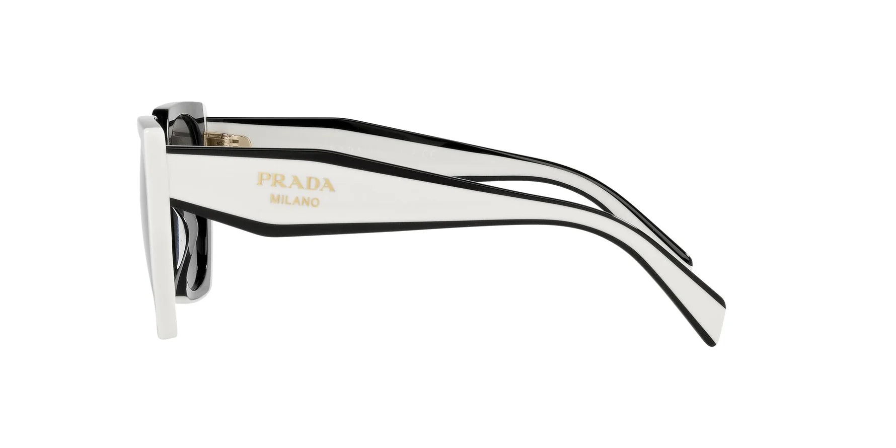 Prada PR 15WS 09Q5S0 irregular sunglasses for women in full rim acetate, with black talc frame, and dark grey lenses. 54mm in lens size, 19mm in bridge size, and 140mm in temple length.