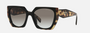 Prada PR 15WS 3890A7 irregular sunglasses for women in full rim acetate, with black havana frame, and grey gradient lenses. 54mm in lens size, 19mm in bridge size, and 140mm in temple length.