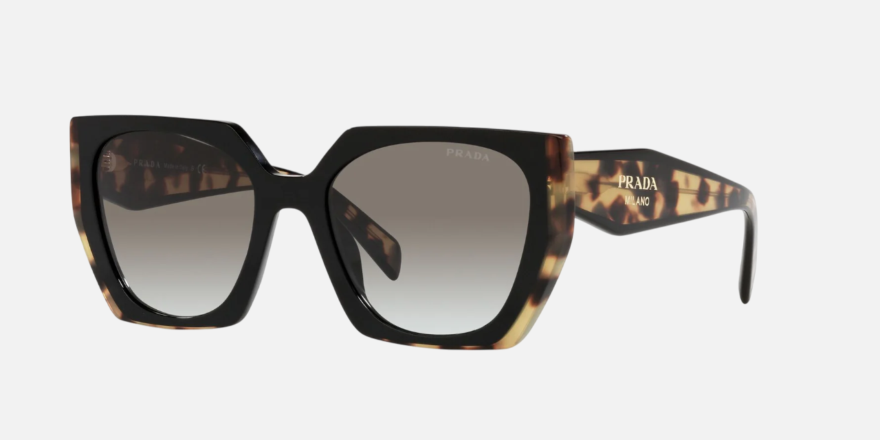 Prada PR 15WS 3890A7 irregular sunglasses for women in full rim acetate, with black havana frame, and grey gradient lenses. 54mm in lens size, 19mm in bridge size, and 140mm in temple length.