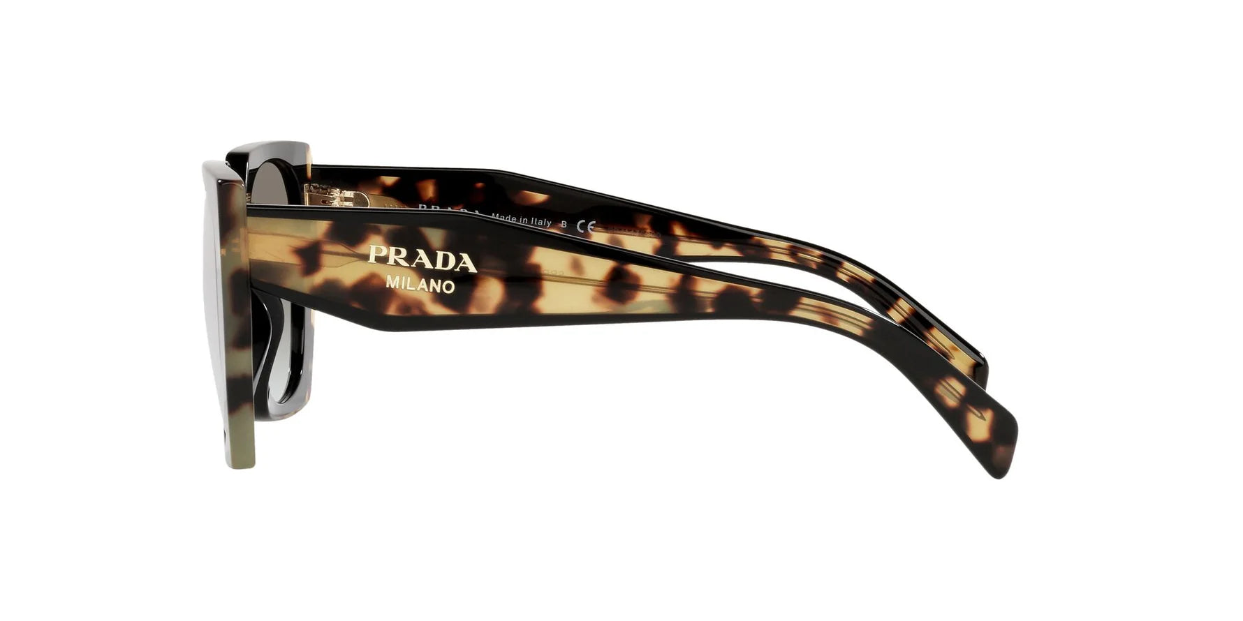 Prada PR 15WS 3890A7 irregular sunglasses for women in full rim acetate, with black havana frame, and grey gradient lenses. 54mm in lens size, 19mm in bridge size, and 140mm in temple length.