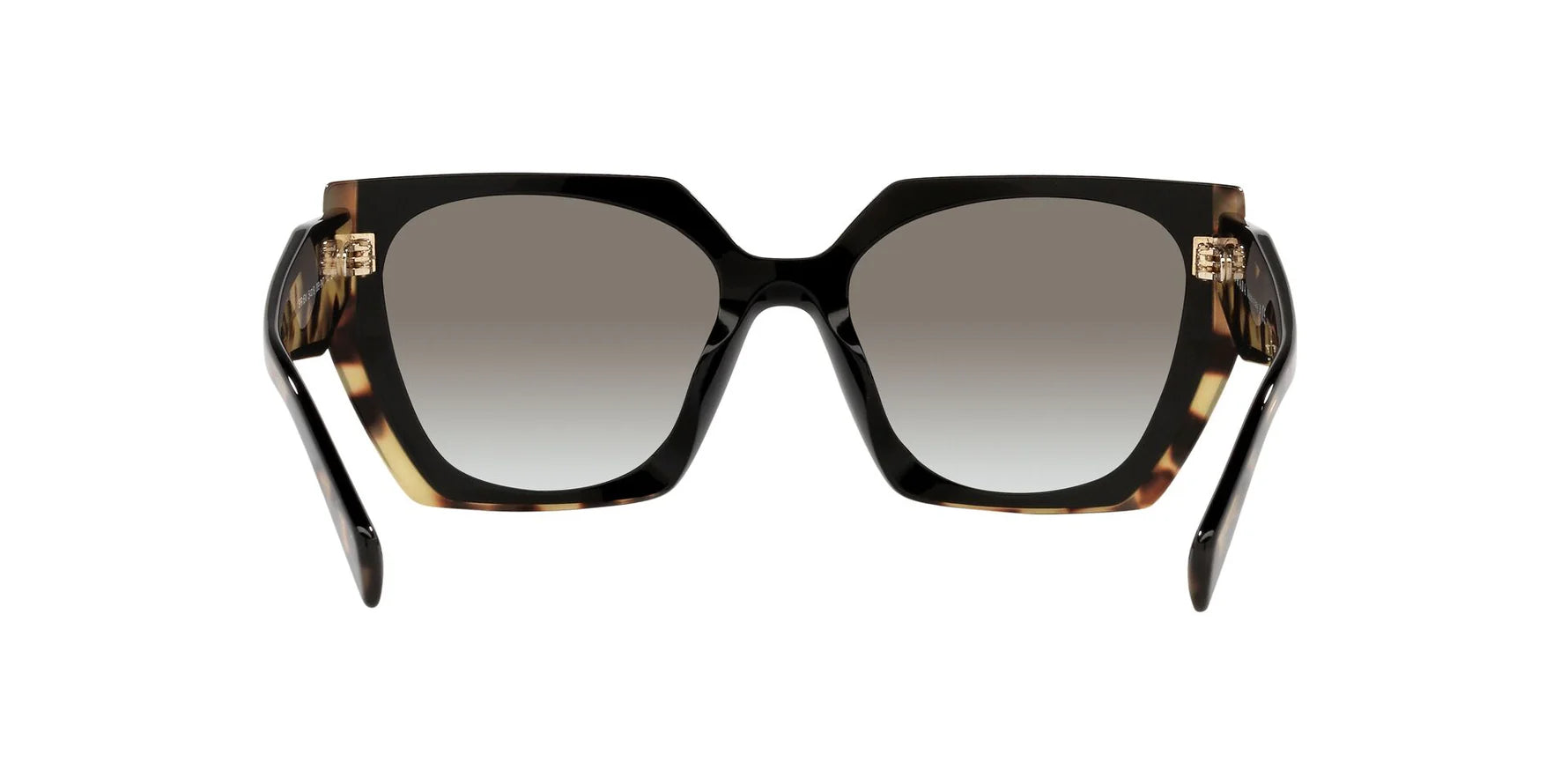 Prada PR 15WS 3890A7 irregular sunglasses for women in full rim acetate, with black havana frame, and grey gradient lenses. 54mm in lens size, 19mm in bridge size, and 140mm in temple length.