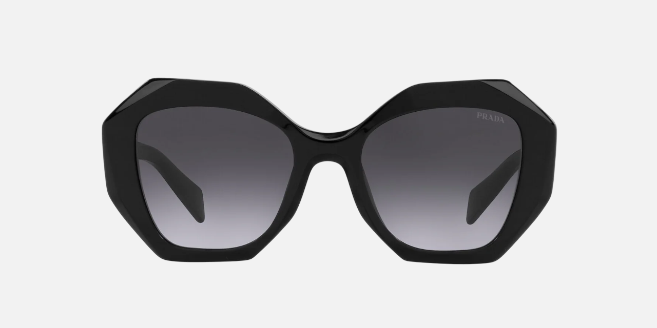 Prada PR 16WS 1AB5D1 irregular sunglasses for women in full rim acetate, with black frame, and grey gradient lenses. 53mm in lens size, 20mm in bridge size, and 145mm in temple length.