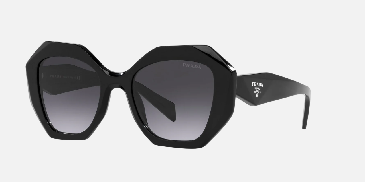Prada PR 16WS 1AB5D1 irregular sunglasses for women in full rim acetate, with black frame, and grey gradient lenses. 53mm in lens size, 20mm in bridge size, and 145mm in temple length.