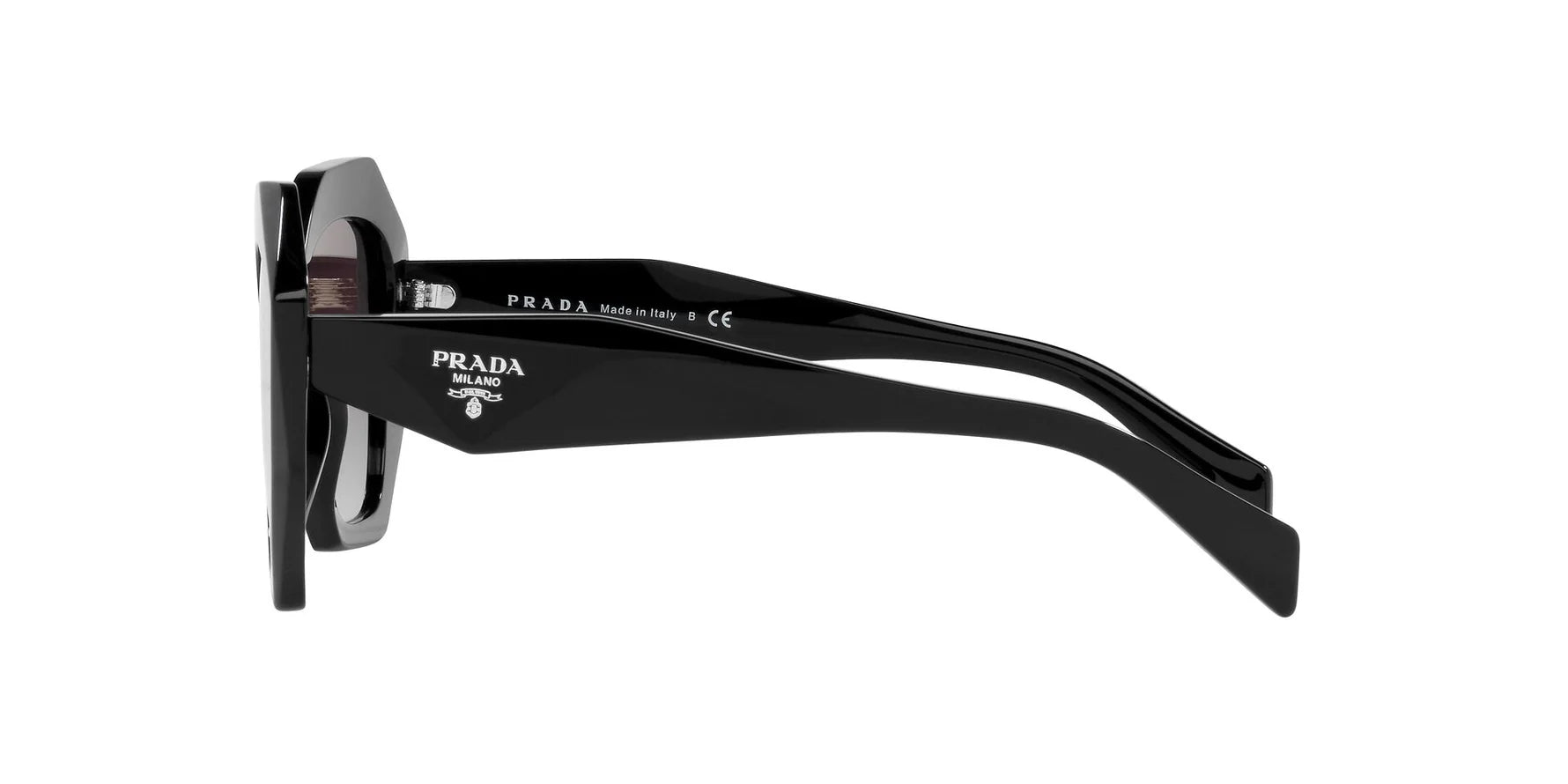 Prada PR 16WS 1AB5D1 irregular sunglasses for women in full rim acetate, with black frame, and grey gradient lenses. 53mm in lens size, 20mm in bridge size, and 145mm in temple length.