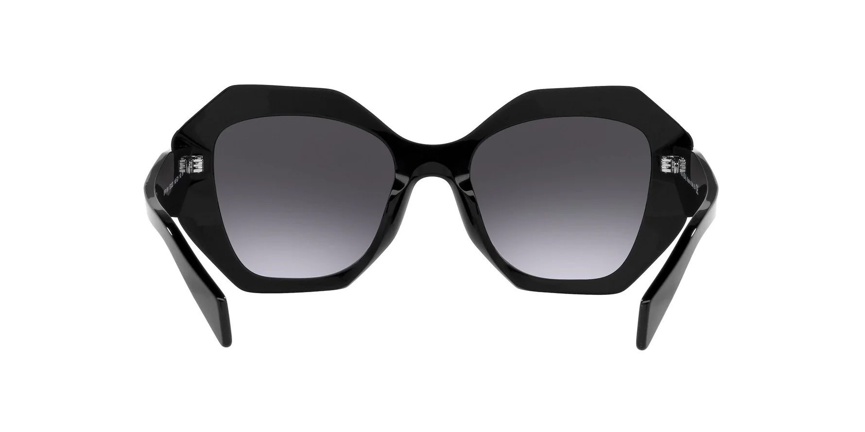 Prada PR 16WS 1AB5D1 irregular sunglasses for women in full rim acetate, with black frame, and grey gradient lenses. 53mm in lens size, 20mm in bridge size, and 145mm in temple length.