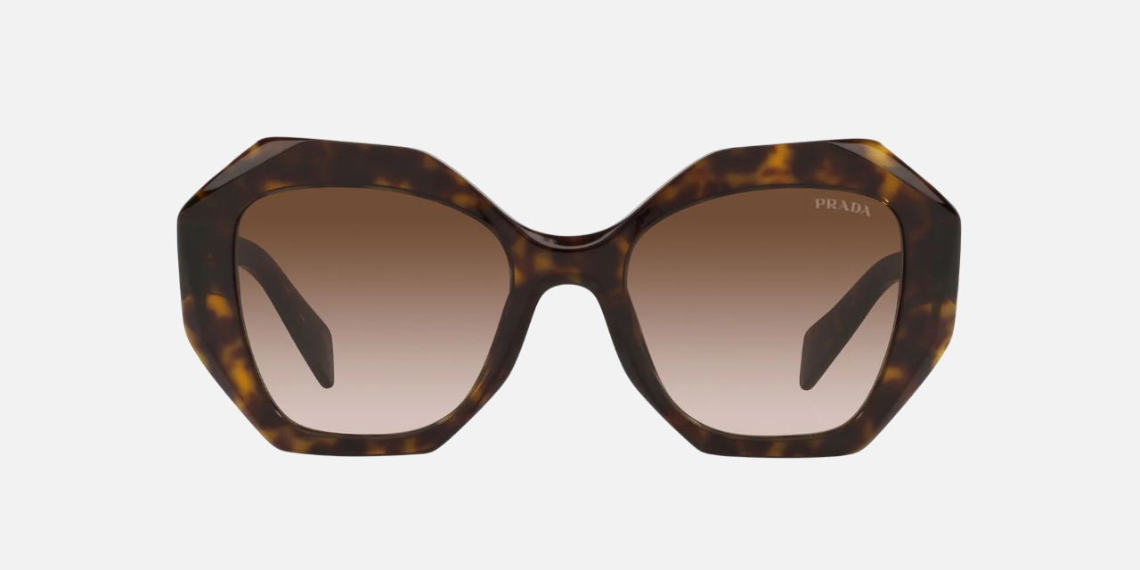 Prada PR 16WS 2AU6S1 irregular sunglasses for women in full rim acetate, with havana frame, and brown gradient lenses. 53mm in lens size, 20mm in bridge size, and 145mm in temple length.
