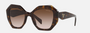 Prada PR 16WS 2AU6S1 irregular sunglasses for women in full rim acetate, with havana frame, and brown gradient lenses. 53mm in lens size, 20mm in bridge size, and 145mm in temple length.