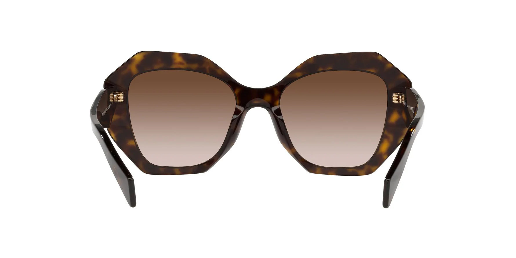 Prada PR 16WS 2AU6S1 irregular sunglasses for women in full rim acetate, with havana frame, and brown gradient lenses. 53mm in lens size, 20mm in bridge size, and 145mm in temple length.