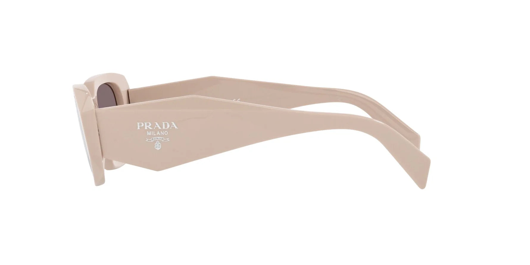Prada PR 17WS VYJ6X1 rectangular sunglasses for women in full rim acetate, with light brown cream frame, and purple lenses. 49mm in lens size, 20mm in bridge size, and 145mm in temple length.