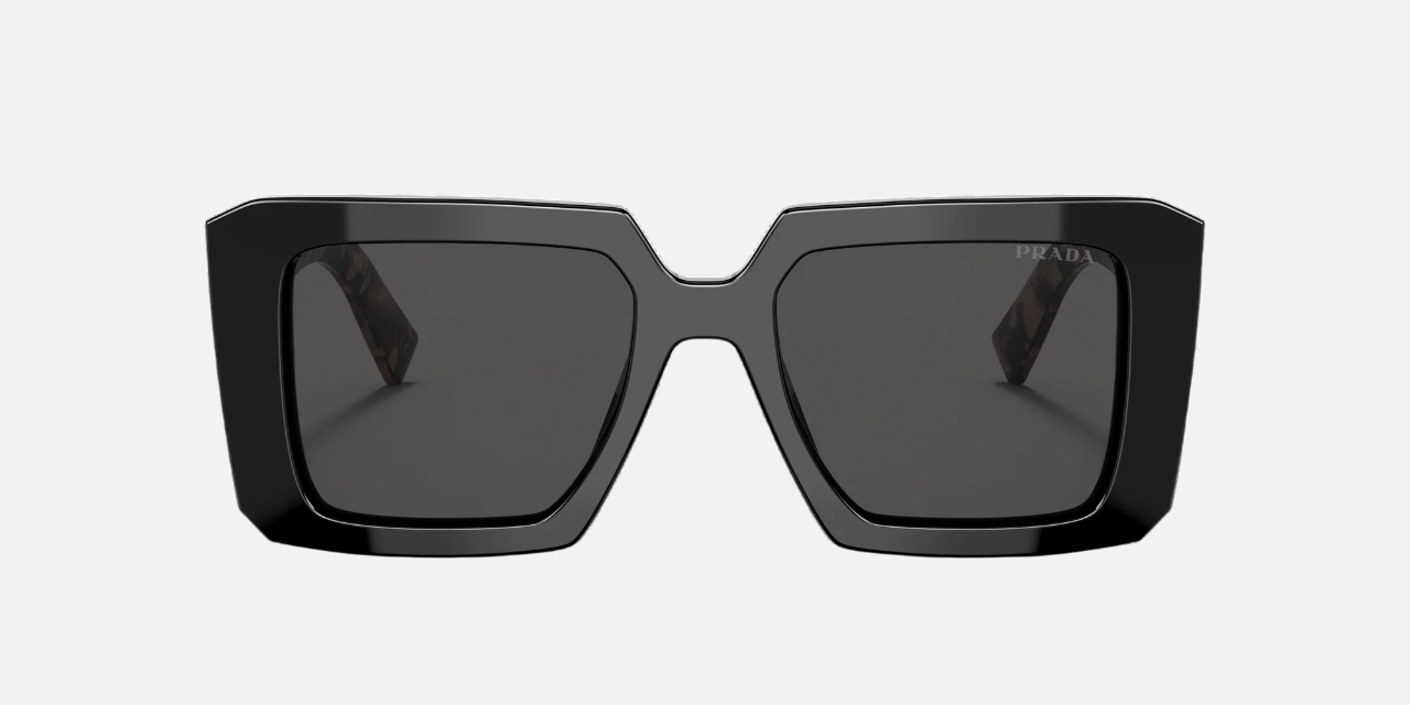 Prada PR 23YS 1AB5S0 square sunglasses for women in full rim acetate, with black frame, and dark grey lenses. 51mm in lens size, 19mm in bridge size, and 140mm in temple length.