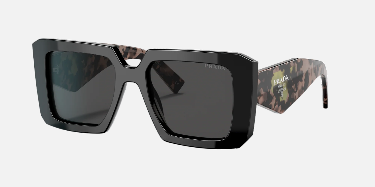 Prada PR 23YS 1AB5S0 square sunglasses for women in full rim acetate, with black frame, and dark grey lenses. 51mm in lens size, 19mm in bridge size, and 140mm in temple length.