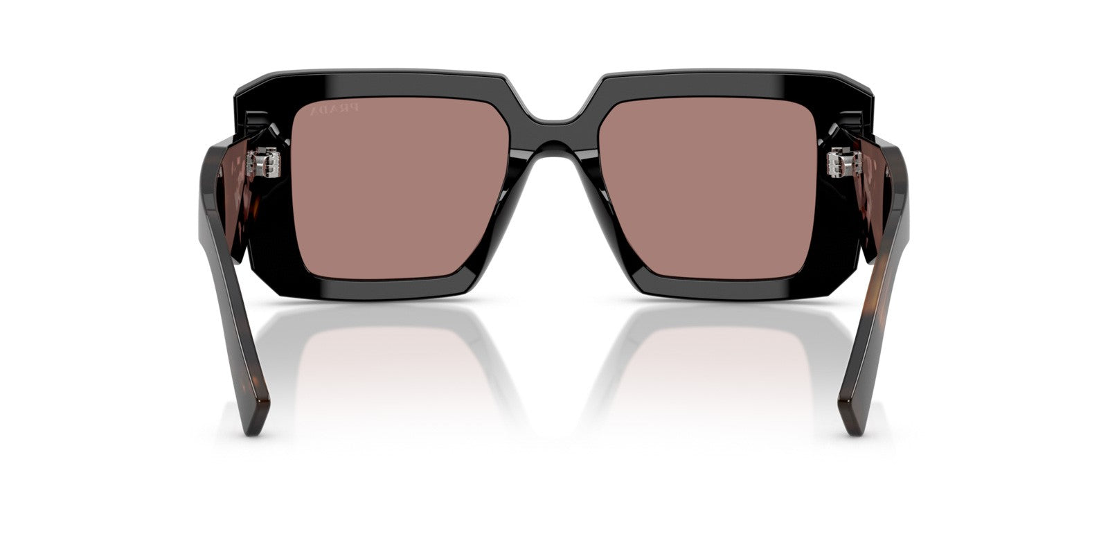 Prada PR 23YS 27B60B square sunglasses for women in full rim acetate, with black frame, and light brown lenses. 51mm in lens size, 19mm in bridge size, and 140mm in temple length.