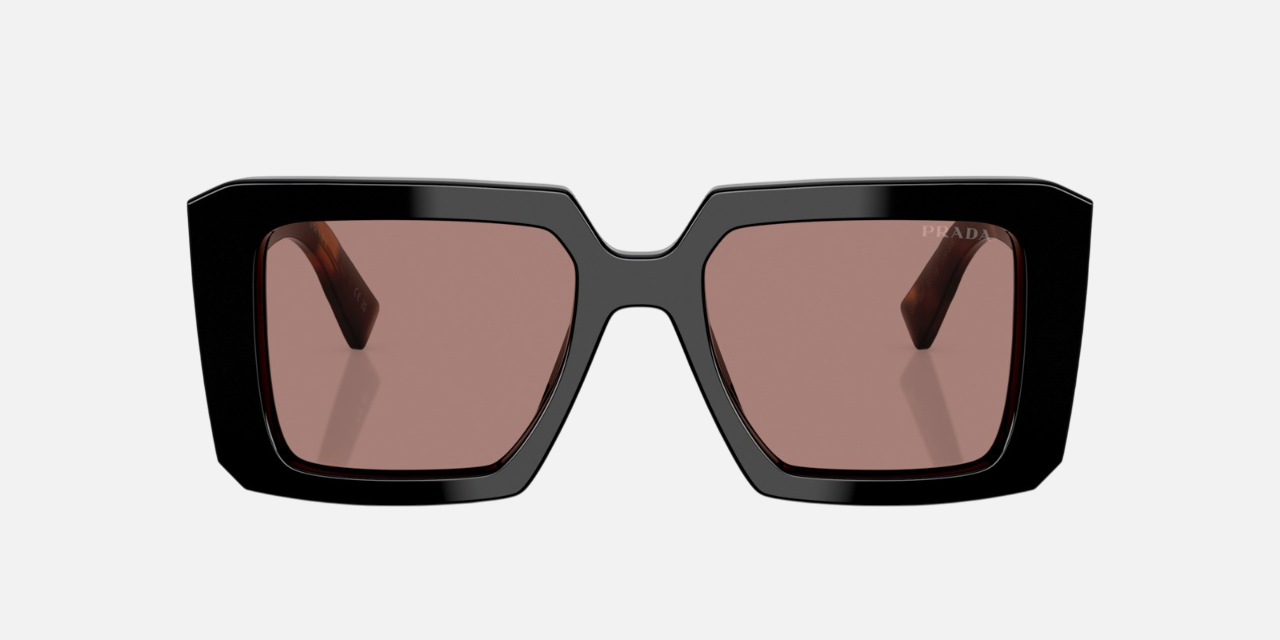 Prada PR 23YS 27B60B square sunglasses for women in full rim acetate, with black frame, and light brown lenses. 51mm in lens size, 19mm in bridge size, and 140mm in temple length.
