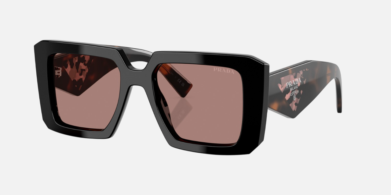 Prada PR 23YS 27B60B square sunglasses for women in full rim acetate, with black frame, and light brown lenses. 51mm in lens size, 19mm in bridge size, and 140mm in temple length.