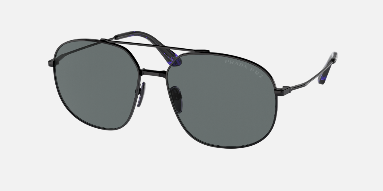 Prada PR 51YS 1AB5Z1 pilot sunglasses for men in full rim steel, with black frame, and dark grey lenses. 58mm in lens size, 14mm in bridge size, and 145mm in temple length.