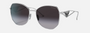 Prada PR 57YS 1BC5D1 irregular sunglasses for women in full rim metal, with silver frame, and grey gradient lenses. 57mm in lens size, 18mm in bridge size, and 140mm in temple length.