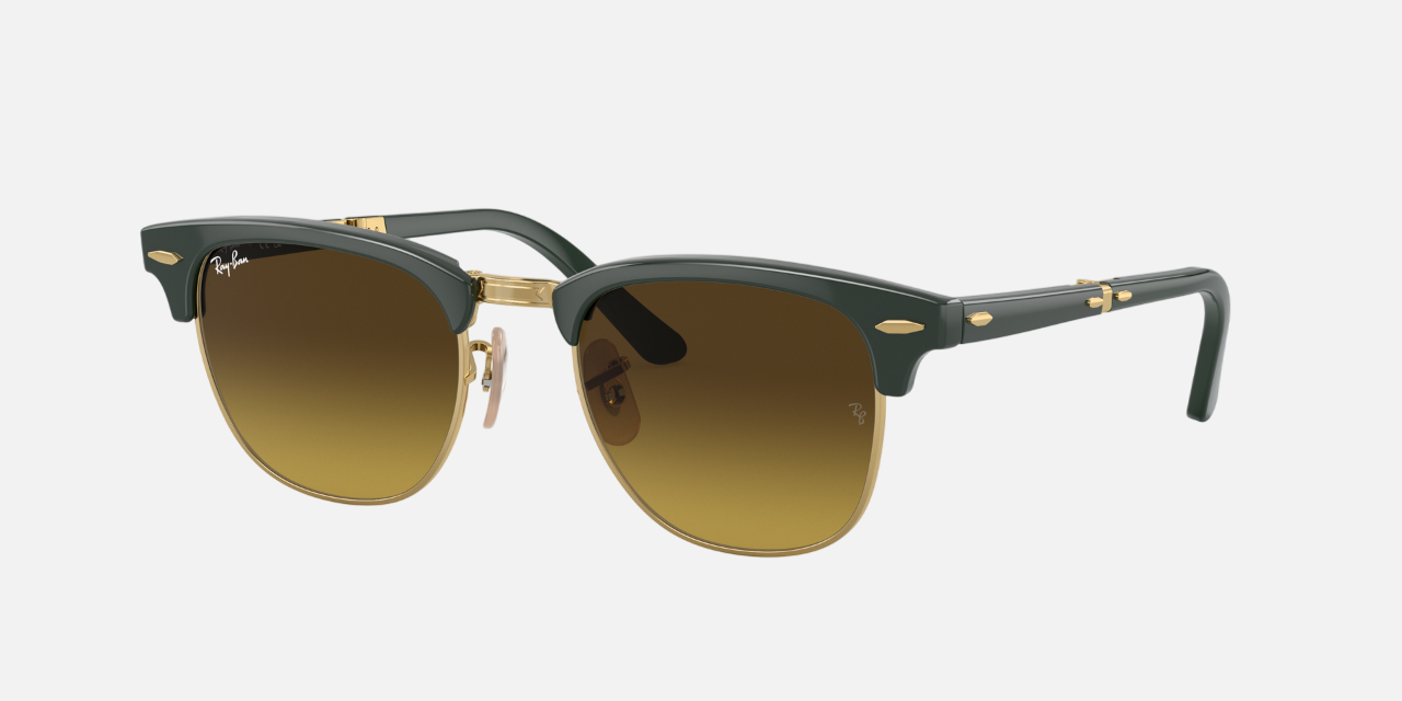 Ray-Ban Clubmaster Folding RB2176 136885 unisex's full rim square sunglasses in a polished green on gold acetate frame with brown lenses. Features a 51 mm lens size, 21 mm bridge size, and 145 mm temple length. Available in Dubai, UAE.