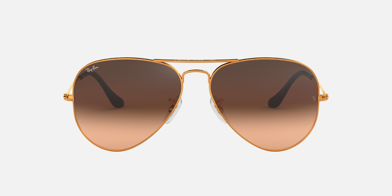 Ray-Ban Aviator Gradient RB3025 9001A5 aviator sunglasses for unisex in full rim metal, with light brown frame, and pink gradient brown lenses. 55mm in lens size, 14mm in bridge size, and 140mm in temple length.