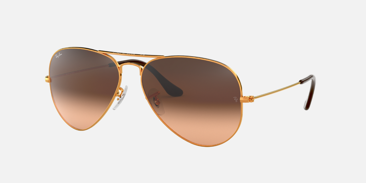 Ray-Ban Aviator Gradient RB3025 9001A5 aviator sunglasses for unisex in full rim metal, with light brown frame, and pink gradient brown lenses. 55mm in lens size, 14mm in bridge size, and 140mm in temple length.