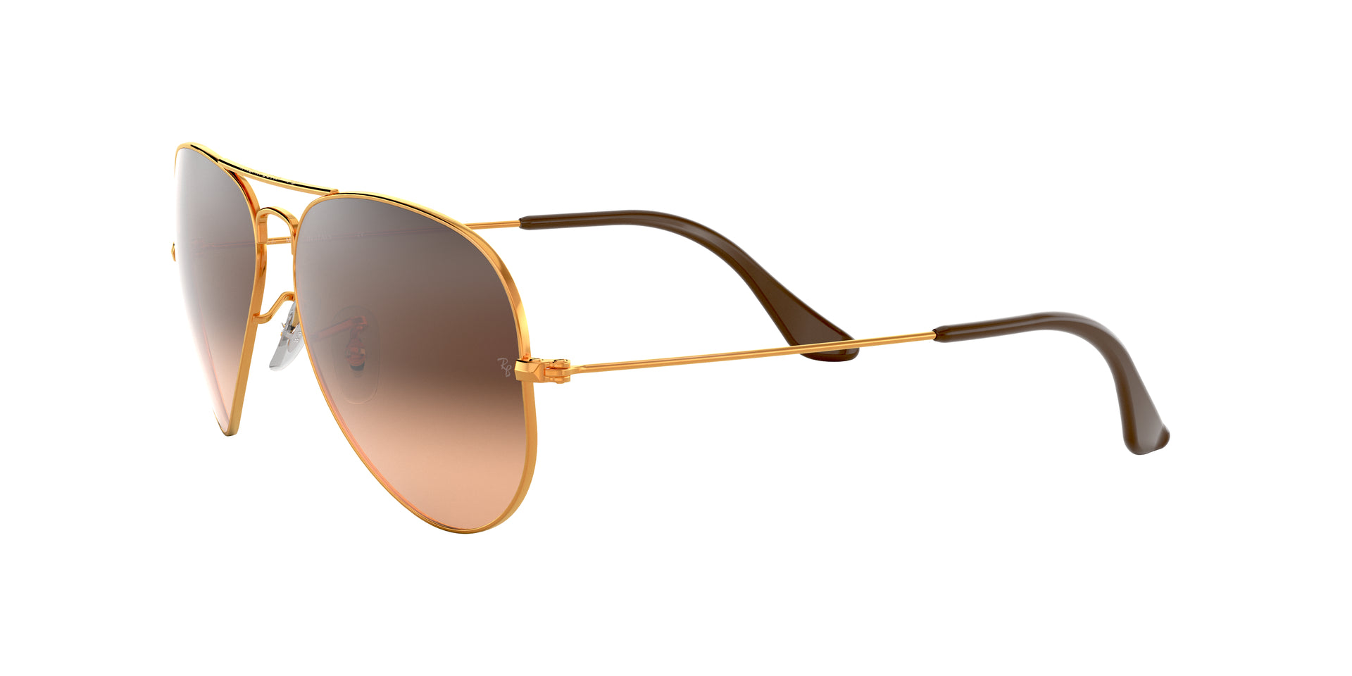 Ray-Ban Aviator Gradient RB3025 9001A5 aviator sunglasses for unisex in full rim metal, with light brown frame, and pink gradient brown lenses. 55mm in lens size, 14mm in bridge size, and 140mm in temple length.
