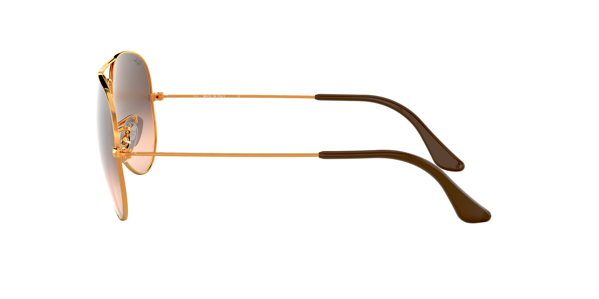 Ray-Ban Aviator Gradient RB3025 9001A5 aviator sunglasses for unisex in full rim metal, with light brown frame, and pink gradient brown lenses. 55mm in lens size, 14mm in bridge size, and 140mm in temple length.