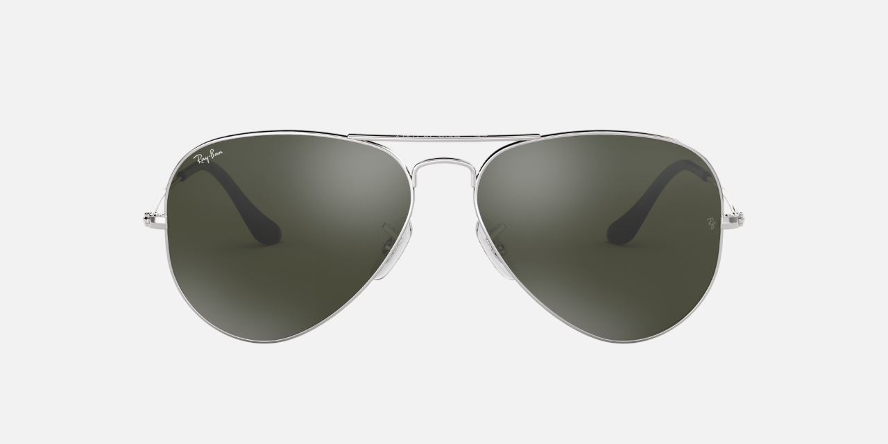Ray-Ban Aviator Mirror RB3025 W3277 aviator sunglasses for unisex in full rim metal, with silver frame, and grey mirror lenses. 58mm in lens size, 14mm in bridge size, and 140mm in temple length.