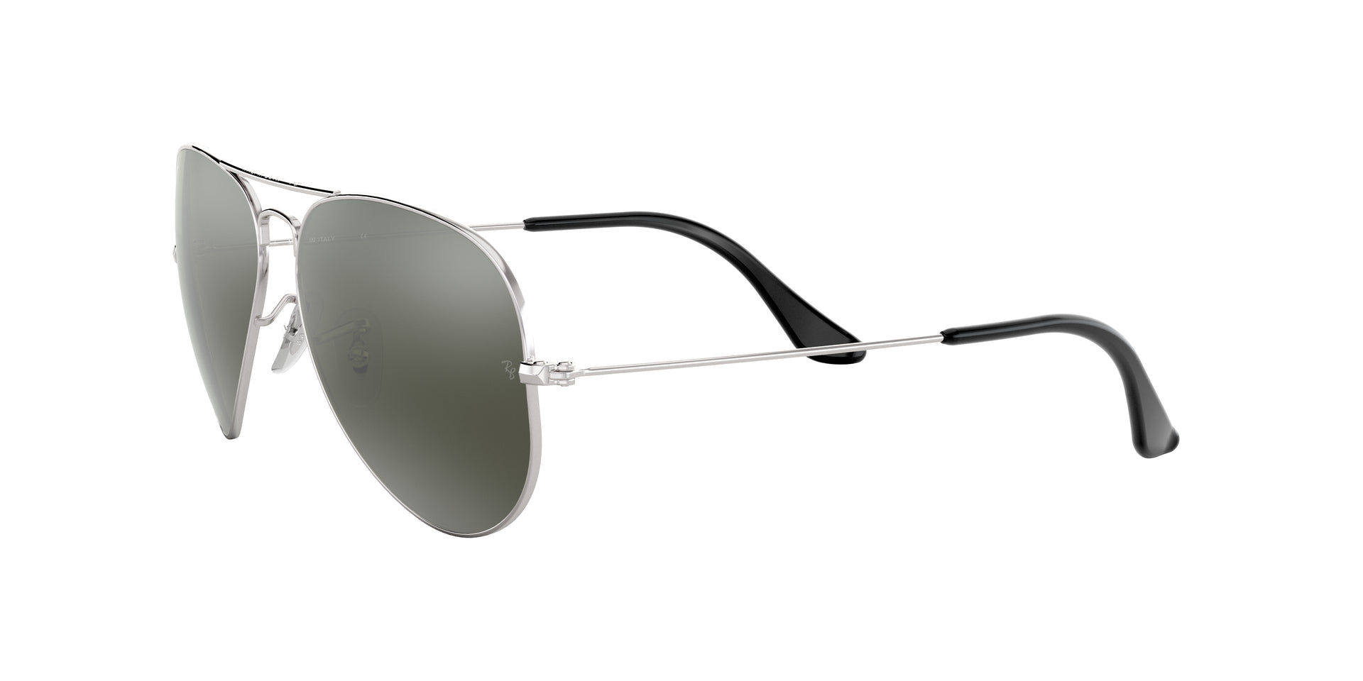 Ray-Ban Aviator Mirror RB3025 W3277 aviator sunglasses for unisex in full rim metal, with silver frame, and grey mirror lenses. 58mm in lens size, 14mm in bridge size, and 140mm in temple length.