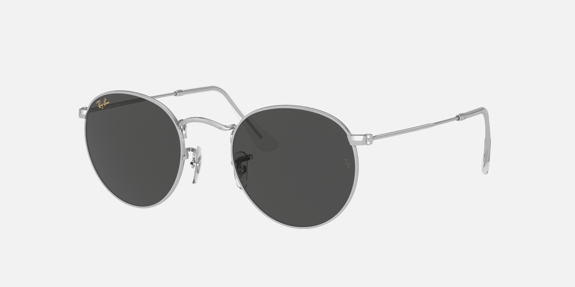 Ray-Ban Round Metal Legend Gold RB3447 9198B1 unisex's full rim round sunglasses in a polished silver
 metal frame with dark grey lenses. Features a 53 mm lens size, 21 mm bridge size, and 145 mm temple length. Available in Dubai, UAE.