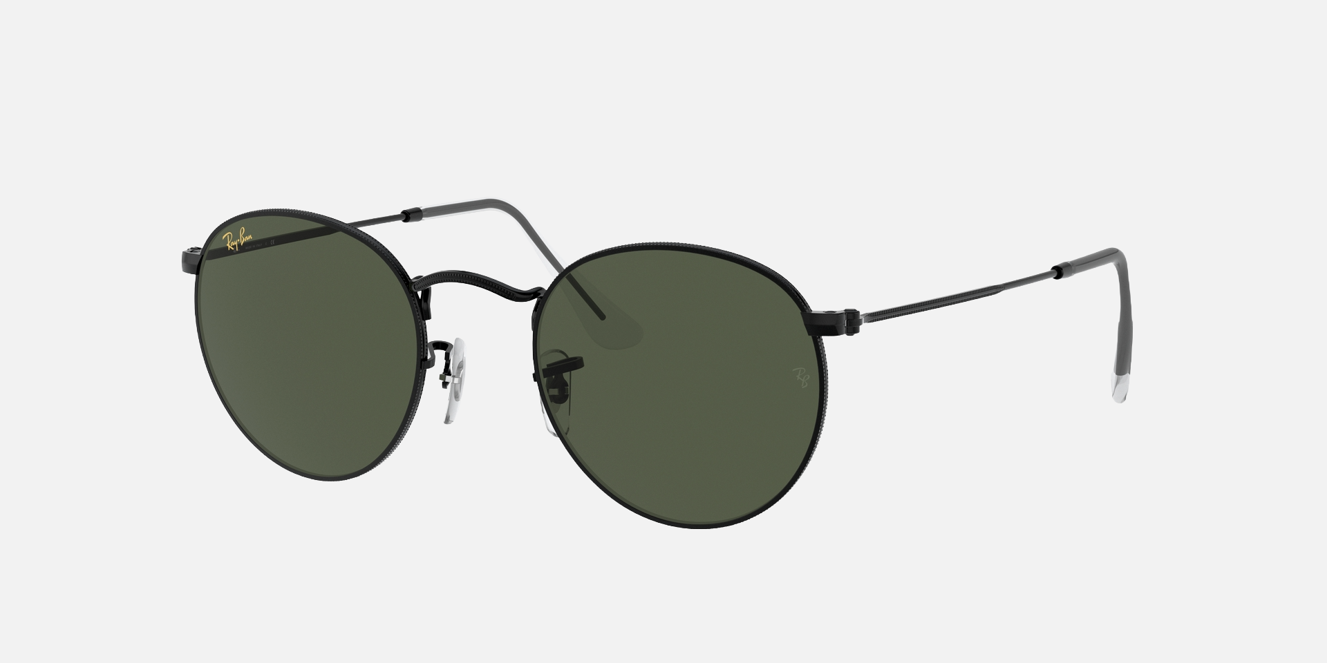 Ray-Ban Round Metal Legend Gold RB3447 919931 unisex's full rim round sunglasses in a polished black metal frame with g-15 green lenses. Features a 53 mm lens size, 21 mm bridge size, and 145 mm temple length. Available in Dubai, UAE.